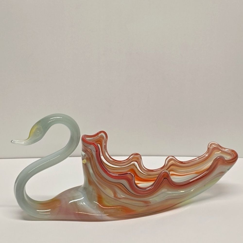 Vintage Sooner Glass Swan Bowl Hand Blown Vase MCM Orange Blue Large